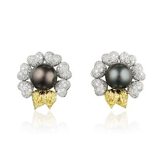 A Pair of Cultured Pearl Peridot and Diamond Earclips, Italian