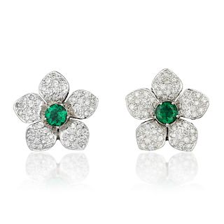 A Pair of Emerald and Diamond Flower Earrings