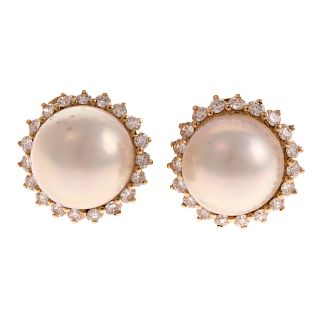A Pair of Ladies Mabe Pearl & Diamond Earrings