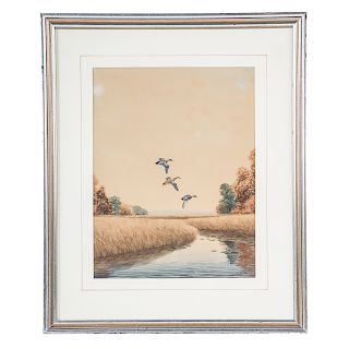 John Sudy. Geese in Flight Over Marsh