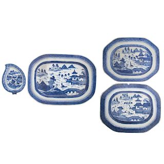 Three Chinese Export Canton Platters & Leaf Dish