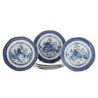 Nine Chinese Export Blue/White Porcelain Plates