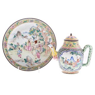 Chinese Canton Enamel Teapot and Bowl