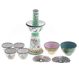 Chinese Canton Enamel Candle Holder & 6 Cups