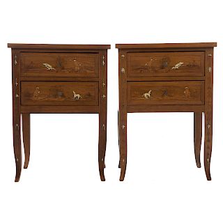Pair Italian Marquetry Inlaid Walnut Side Tables