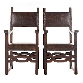 Pair Italian Baroque Style Walnut Armchairs