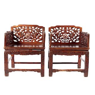 Pair Chinese Carved & Lacquered Arm Chairs