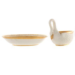 French Empire Porcelain Swan-Form Sauceboat & Tray