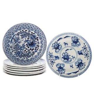 Eight Chinese Export Blue and White Plates