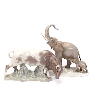 Lladro Porcelain Bull and Elephant Group