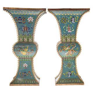 Pair Chinese Cloisonne Enamel Panel Vases