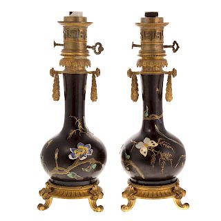 Pair of French Porcelain & Bronze Kerosene Lamps