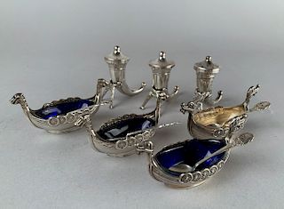 Norwegian Silver Viking Ship and Horn Salts and Peppers