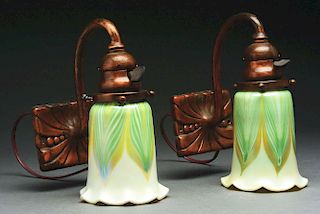 Tiffany Studios Sconces Pulled-Feather Shades.