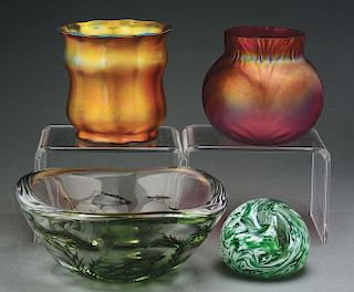 Orrefors Graal Fish Bowl with two vases and paperweight.
