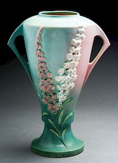 Roseville Pottery Foxglove Tall Vase with Handles. 