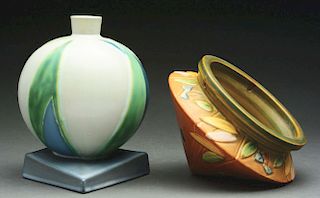 Lot of 2: Roseville Pottery Futura Lotus Leaf Ball Vase & Hanging Planter. 