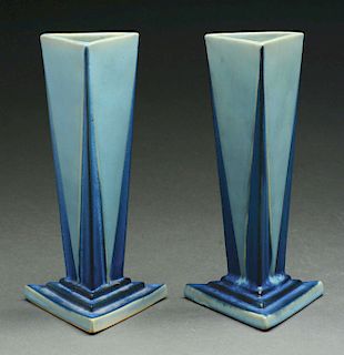 Lot of 2: Roseville Pottery "Little Blue Triangle" Futura Vases. 
