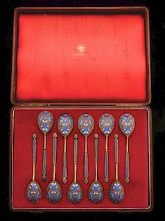 Set of 10: Russian Enamel Spoons in Fitted Wooden Case.