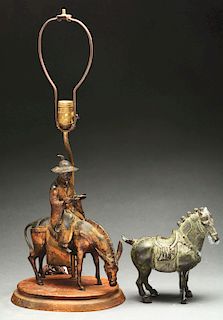 Bronze Tang Style Horse Together with a Pot Metal Figure of a Traveler on Horseback now Mounted as a Lamp.