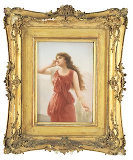 Porcelain Plaque of a Woman in a Red Dress.