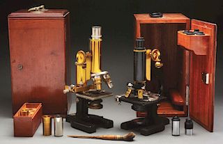 Lot of 2: Brass Early Medical Microscopes with Original Wooden Cases.
