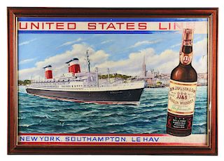 An Unusual Artist's Advertising Proof for Jameson Whiskey Featuring the S.S. United States Sailing from New York to Cork to Le Havre.
