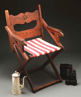 Admiral Dewey Related Lot of 3: Folding Oak Eagle Head Camp Chair, U.S. Navy Silver Plate Espresso Pot, Binoculars. 