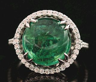 14K White Gold 10ct Cabachon African Emerald & Diamond Ring.