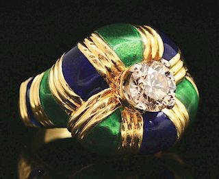 18K Gold 1.30ct Diamond Ring With Blue & Green Enamel.