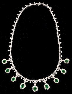 14K White Gold Emerald & Diamond Necklace.