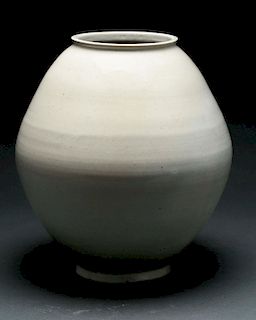 Large Bulbous Asian Stoneware Signed Moon Vase.