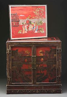 Chinese Lacquered Cabinet with Painting to Match.