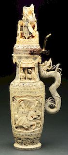 Highly Carved Oriental Ivory Jug with Hinged Lid.
