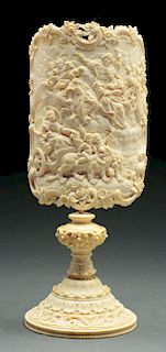 Magnificent Carved European Ivory Shield with Chariot Scene and Ivory Base.