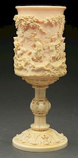 Set of 4: Large Carved European Ivory Hunting Scene Goblet.