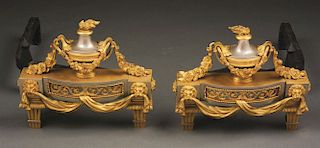 Pair of Classical Revival French Empire Style Brass Chenets.