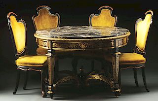 Impressive Louis XIV-Style Boulle Marble Top Center Table Together with 4 Flemish Baroque-Style Side Chairs.