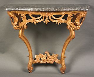 Fine and Diminutive Rococo Gold-Gilt Console Table with Marble Top.