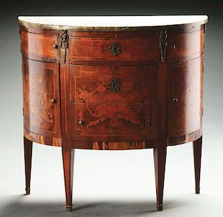 Louis XVI Style Marquetry Demilune Commode with Marble Top.