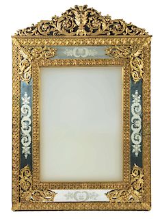 Fine Regence-Style Molded and Reticulated Brass Overmantle Mirror.
