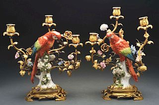 Set of 2: Porcelain & Bronze Parrot Candelabras.