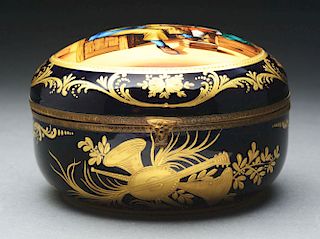 Hand-Painted Lidded Box Depicting a Man Smoking.