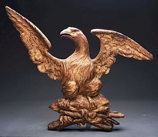 Iconic Graphic Carved Gilt Pine Displayed Eagle Plaque.
