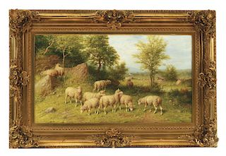 GEORGE RIECKE (American, 1848-1930) SHEEP IN A WOODED LANDSCAPE. 