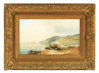 KARL EUGENE FELIX (American, 1836-1906) COASTAL VIEW WITH SAILBOAT. 