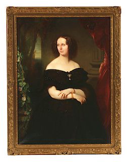 AMERICAN SCHOOL (19th Century) PORTRAIT OF A WOMAN IN BLACK GOWN WITH JEWELRY.