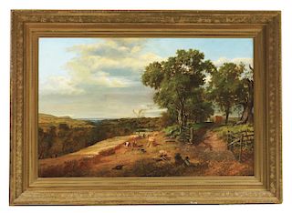 AMERICAN SCHOOL (19th Century) LANDSCAPE WITH FIGURES WORKING THE FIELD. 
