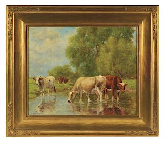 DANIEL F. WENTWORTH (American, 1850-1934) COWS AT WATERING HOLE. 