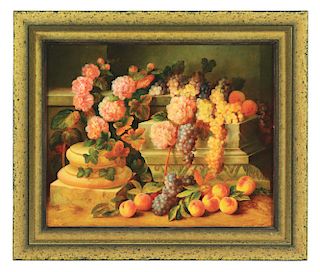 EDWARD LADELL (English, 1821-1886) STILL LIFE WITH PEACHES AND GRAPES. 
